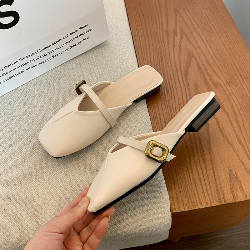 Slippers Low heel cooldown free Shipping Thick heeled half slippers Baotou sandals Shallow mouth sandal soft leather Slipper Female outdoor wear 2025 