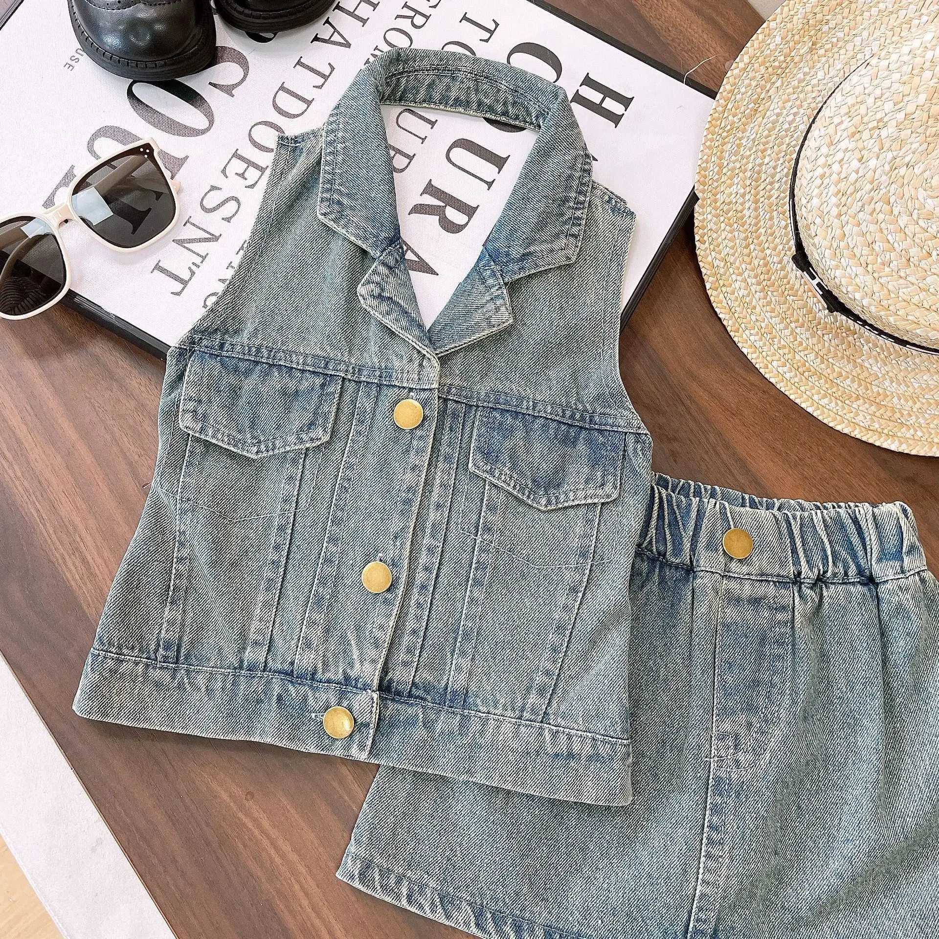Summer New Girl Denim Set European and American Fashion Pendant Collar V-neck Sleeveless+Denim Short Dress SetT250327
