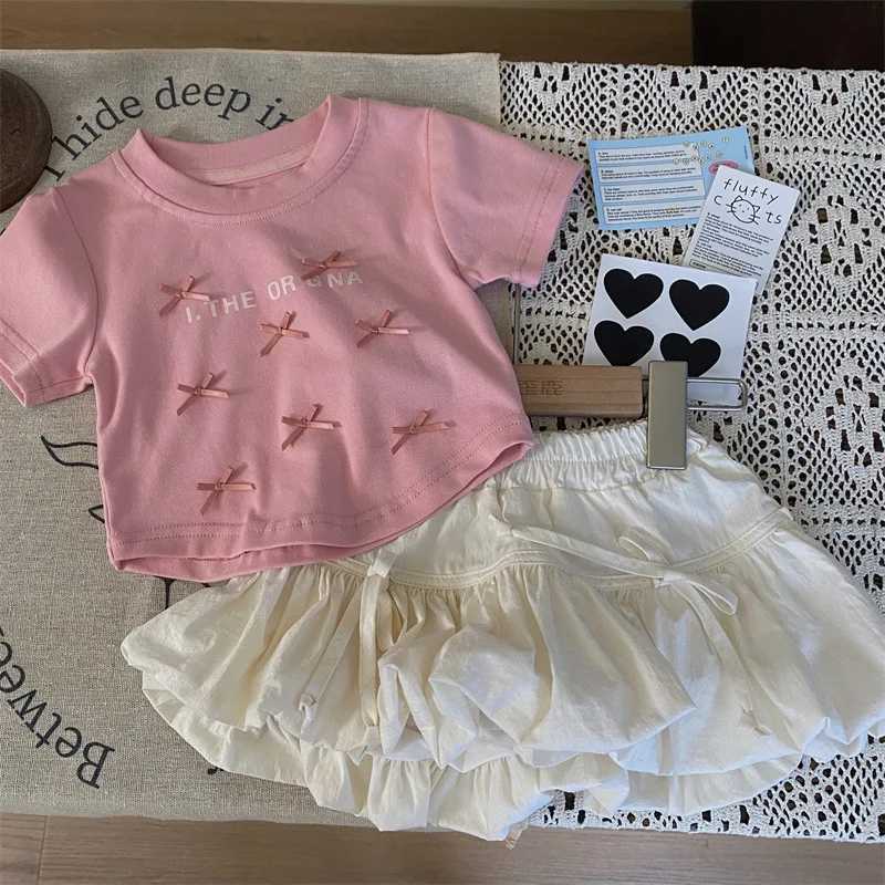 Angel Childrens Clothing 2025 New Summer Girls Bow Short Sleeve T-shirt Childrens Foreign style Culloses Two Piece SetT250327