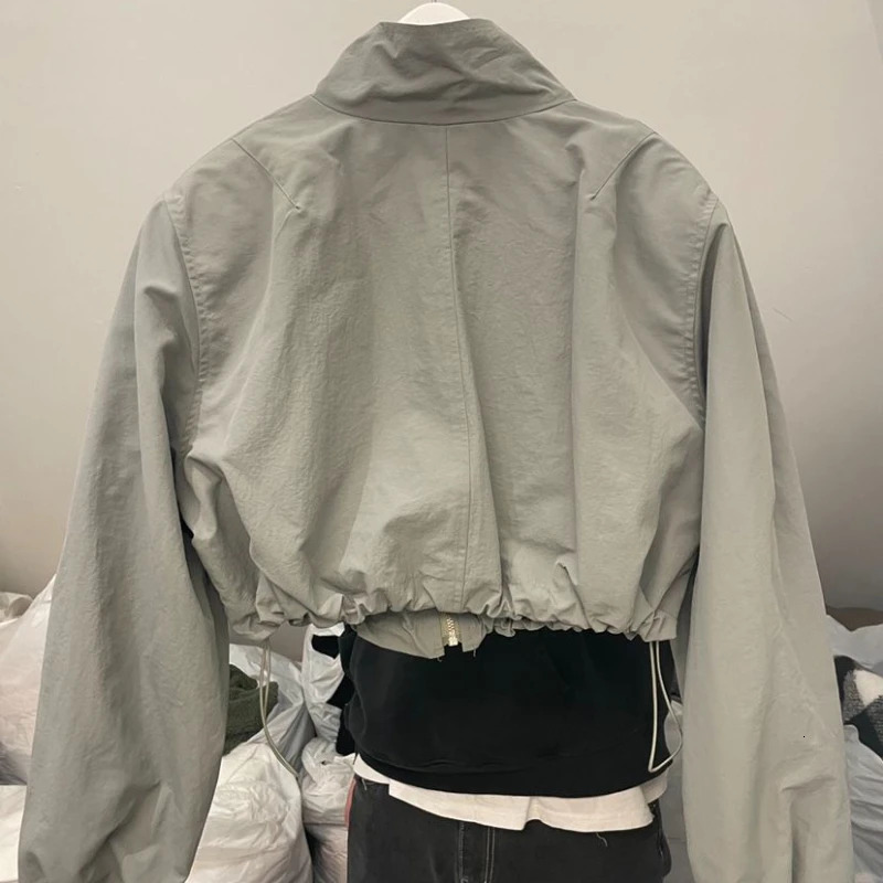 Basic Jackets for Women Spring Autumn Y2k Cropped Zip-up Outerwear Baggy Casual Pleated Stylish College Sporty Long Sleeve 250322