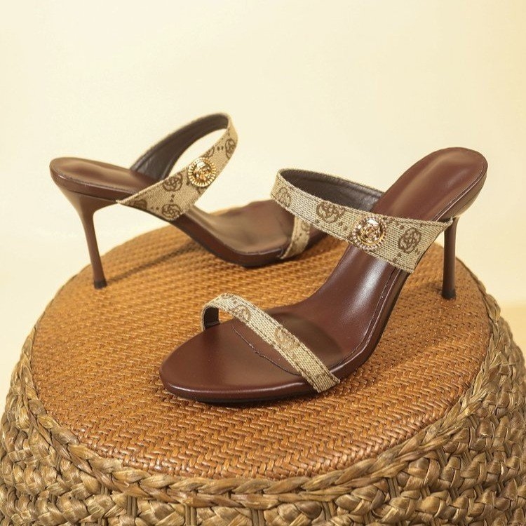 Open toe high heels sandals women 2025 summer new fashion outside to wear a line stiletto high heels large size party slippers34-42