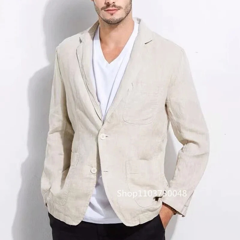 BeigeBlue Mens Linen Jacket Business Casual Set ner Year Summer Formal Slimming 250326