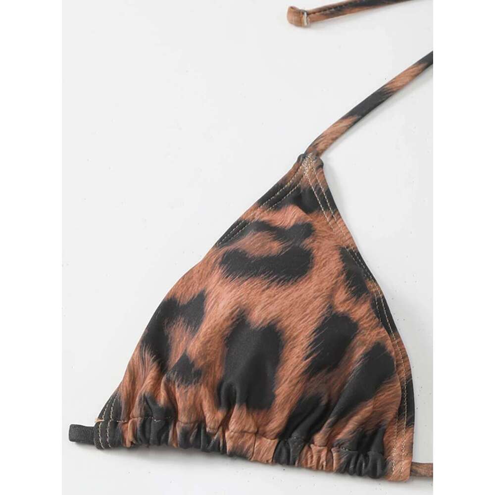 3 Pieces Leopard Triangle Halter String Bikini Hollow Out Swimsuit Women Swimwear Female Bathers Bathing Swimming Swim Suit