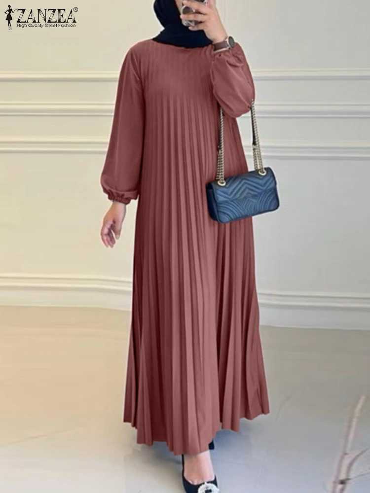 ZANZEA Islamic Hijab Women Abaya Robe Elegant Muslim Fashion O Neck Solid Pleated Dress Spring 2025 Casual Loose A-line Vestidos X2505141