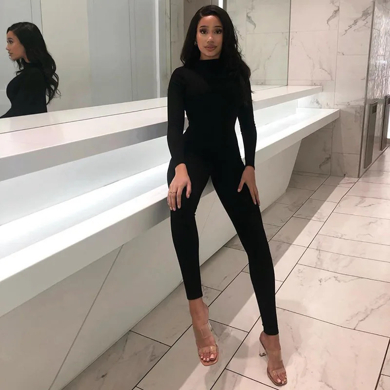 Black jumpsuit womens autumn streetwear long sleeved Oneck solid body sexy sports casual tight fashion set 250326