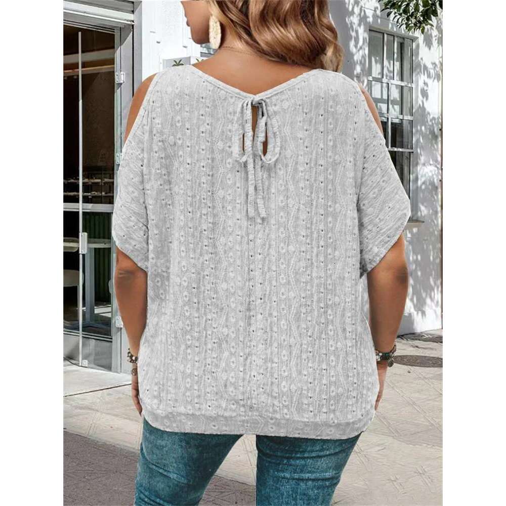 Large hole jacquard strapless T-shirt, casual short sleeved shirt, plus size, women's clothing, spring and summer