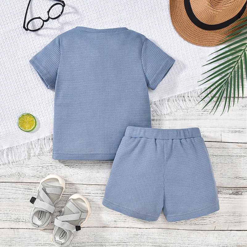 Baby Preschool Childrens Waffle Set Short Sleeve T-shirt Solid Elastic Waist Shorts 2-piece Summer SetT250327