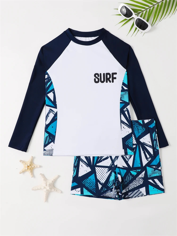 Boy Swimsuit 2025 Solid And Print Long Sleeve Children Swimwear Summer Kids Beach Wear Shorts Swimming Bathing Suit For Men 250326