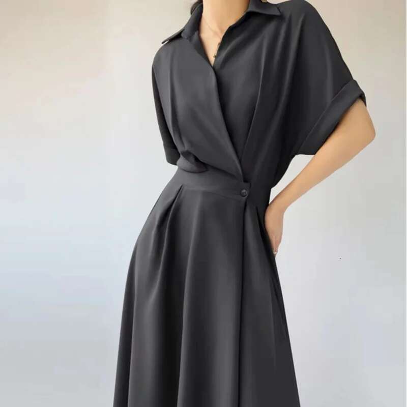 Dongdumaoyi Nieuwe Franse Stijl Shirtjurk Dames Lente Woon Werkverkeer Elegante Afslankende Lange Jurk C