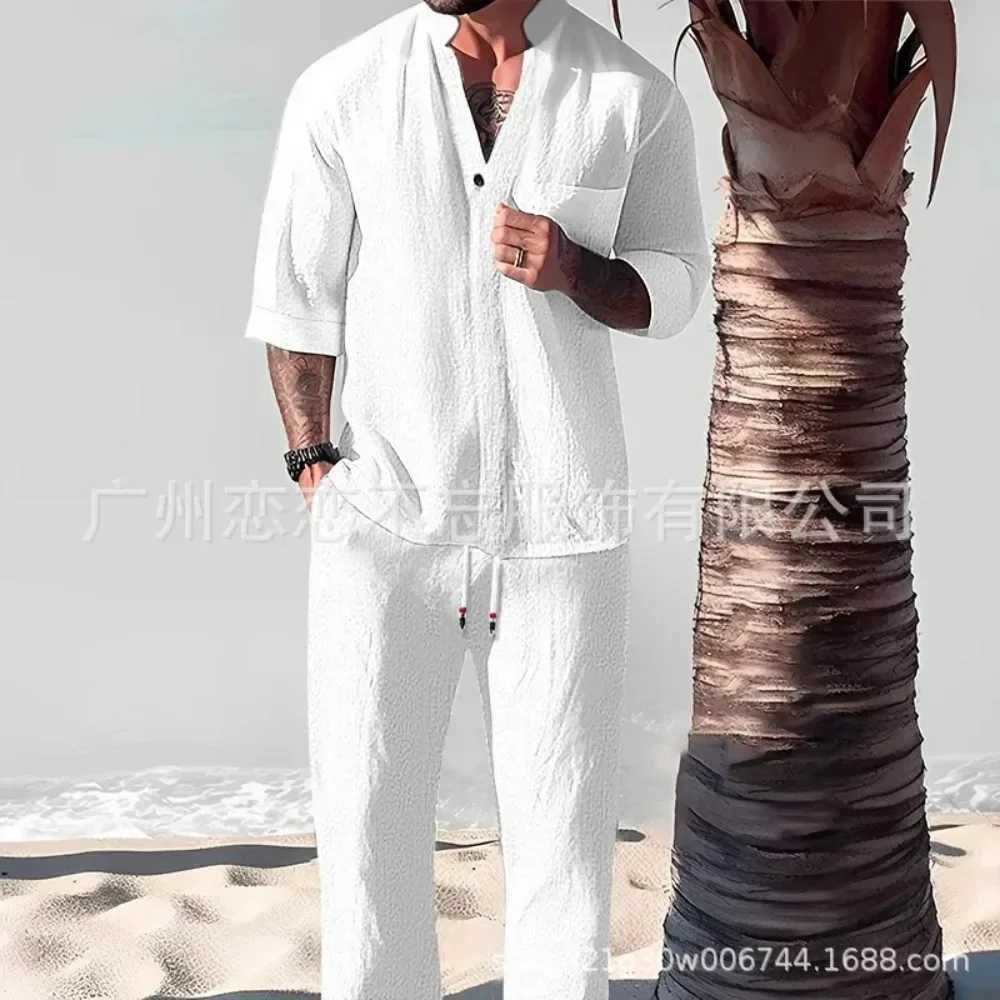Summer casual cotton linen two-piece mens fashion loose V-neck half sleeved top and mens clothingXJ250326