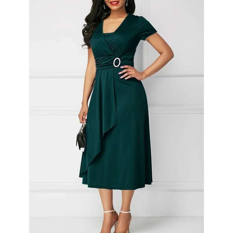 Dongdumaoyi Midi Jurk Met Gesneden Taille En V Hals Elegante Asymmetrische Korte Mouwen Ruches Voor Feest Dameskleding WD