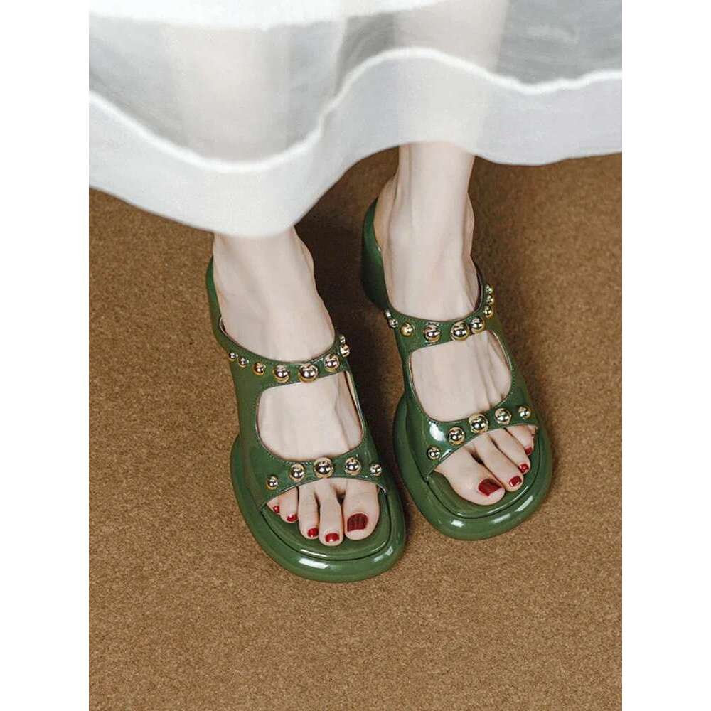 Open Toe Thick Heel Rivet Slippers Summer New Outdoor Fashion Women Comfort Platform Shoes Slides Casual Footwear