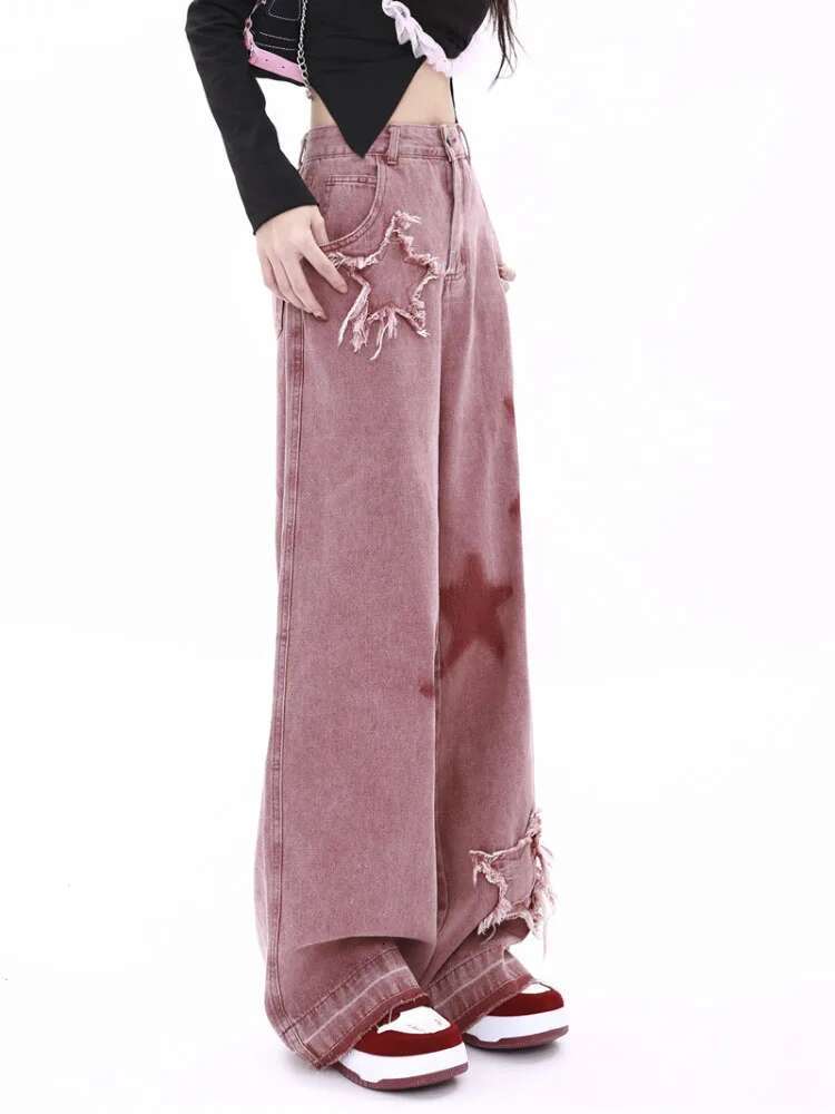 American Retro Five-Point Star Raw Edge Splicing Loose Wide-Leg Jeans Look Thin Trendy All-Match Mopping Pants Women