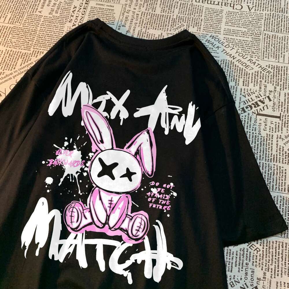 Pink Ragdoll Rabbit Harajuku Printed T-shirt for Men's Loose and Large Casual Hip Hop Clothing Short Sleeve S-XXXL Cotton T-shirt for Couples