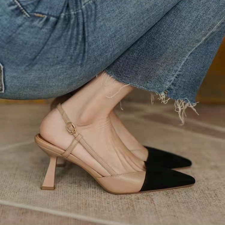 free Shipping sandals Slippers with fine heels Baotou sandal One character strip Cusp high-heeled shoes Versatile nude color shoe