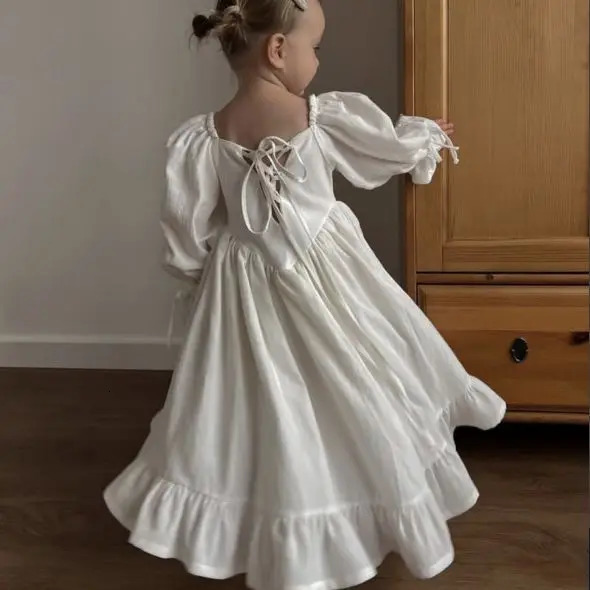 Kids Puff Sleeve White Dress Girls Cotton Linen Lolita Princess Dresses for Birthday Evening Party Clothes 2 4 6 8 Years Old 250326