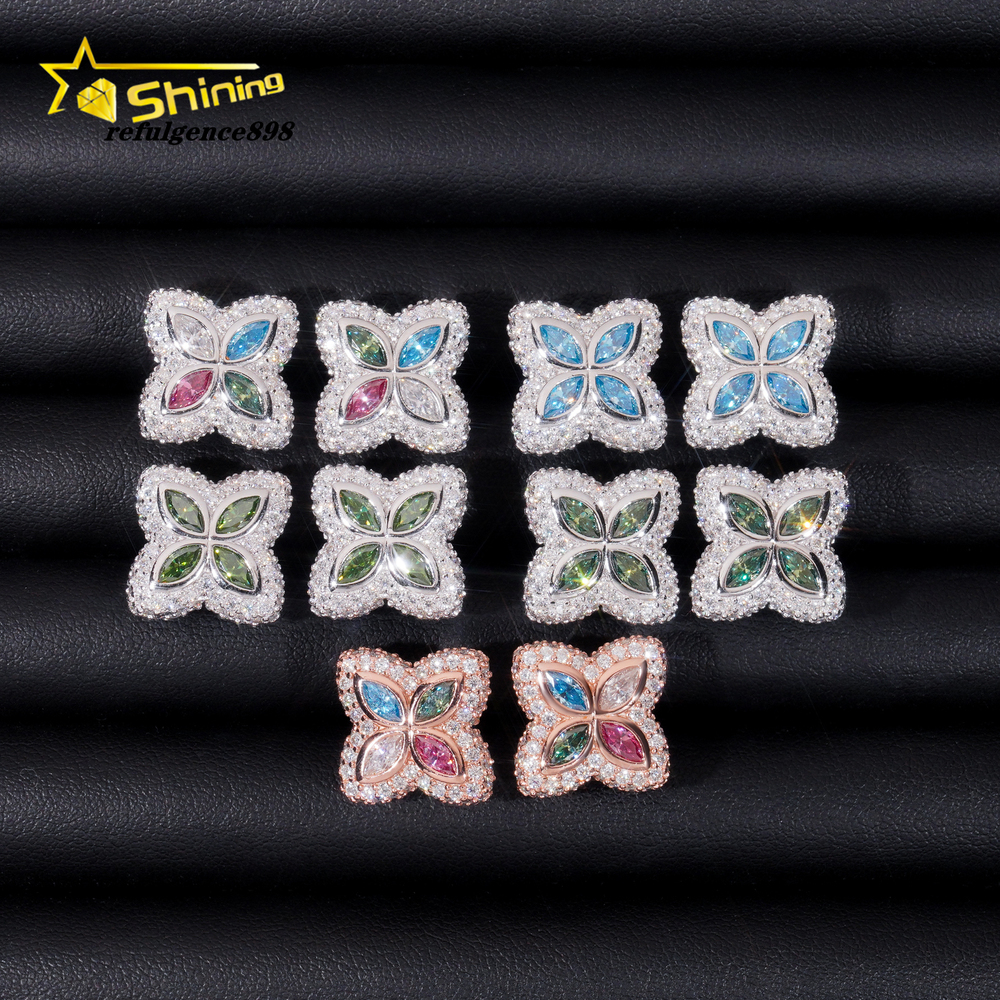 New Stocks Pass Diamond Tester GRA Certified VVS Diamond 925 Silver Hip Hop Jewelry Colored Moissanite Stud Earrings Clover