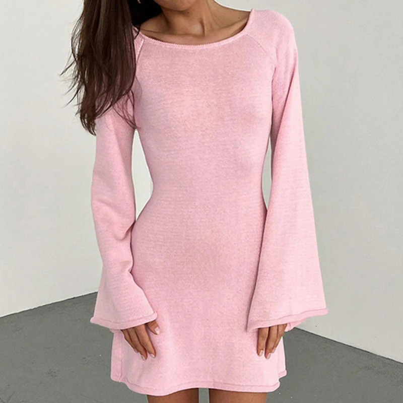 Sexy Backless Round Neck Cover Solid Color Knitted Beach Wear Fashion Horn Sleeve Beach Set Womens Holiday Packaging Dress 250324