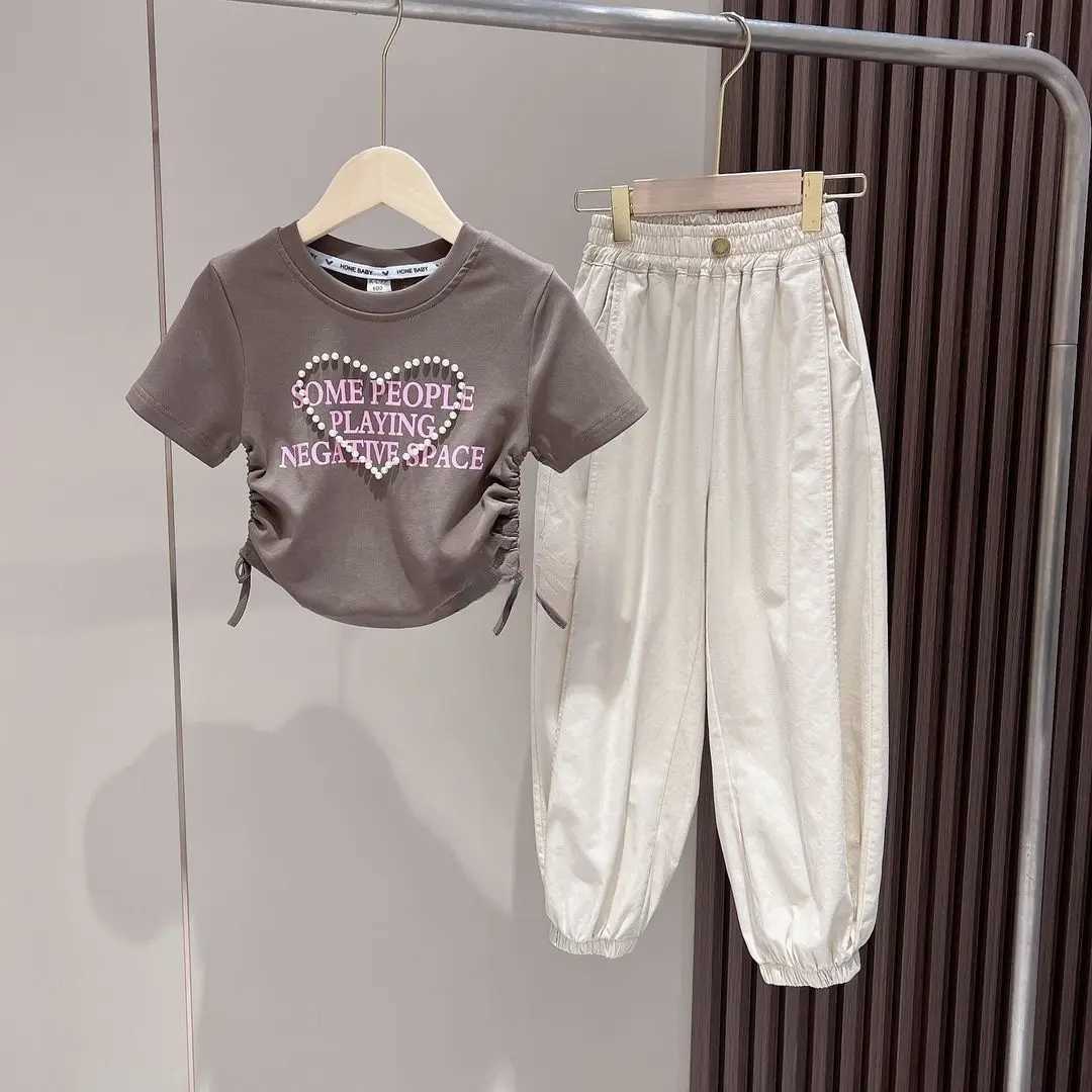 Teenage Girl Clothing Set 2023 Summer New Girl Baby Short sleeved T-shirt Pants Two piece SetT250327