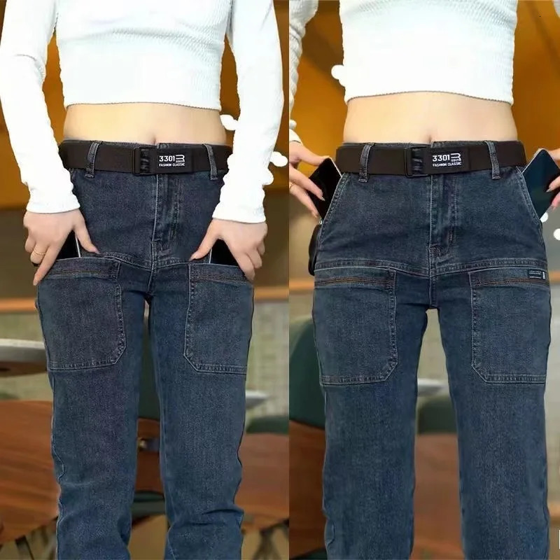 2024 Mens Casual Multiple Pockets Jeans Mid-Waist Elastic Straight Denim Trousers Versatile Loose Personality Pants 250317