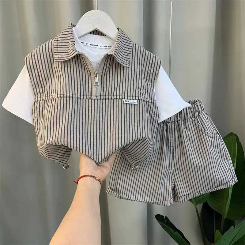 Korean fashion striped short sleeved zipper shirt and two-piece set baby boy summer boutique set childrens sportswearT250327