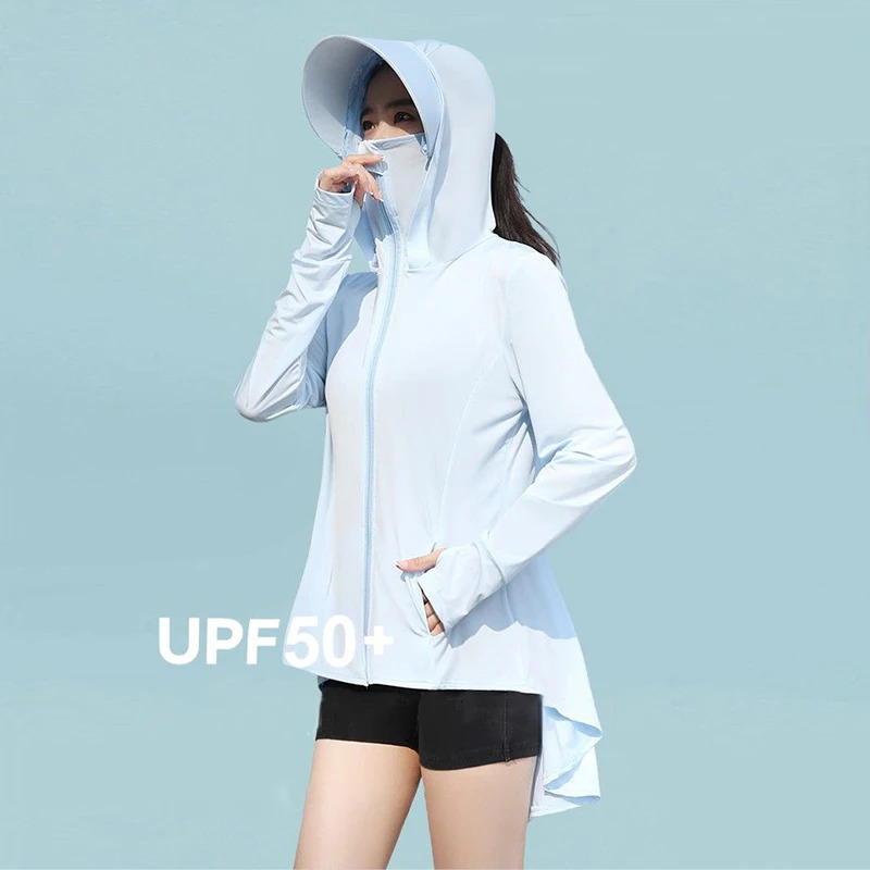 Casual clothing solid jacket UV resistant hooded zipper front and rear long pockets sun shirt sleeves summer womens 250326