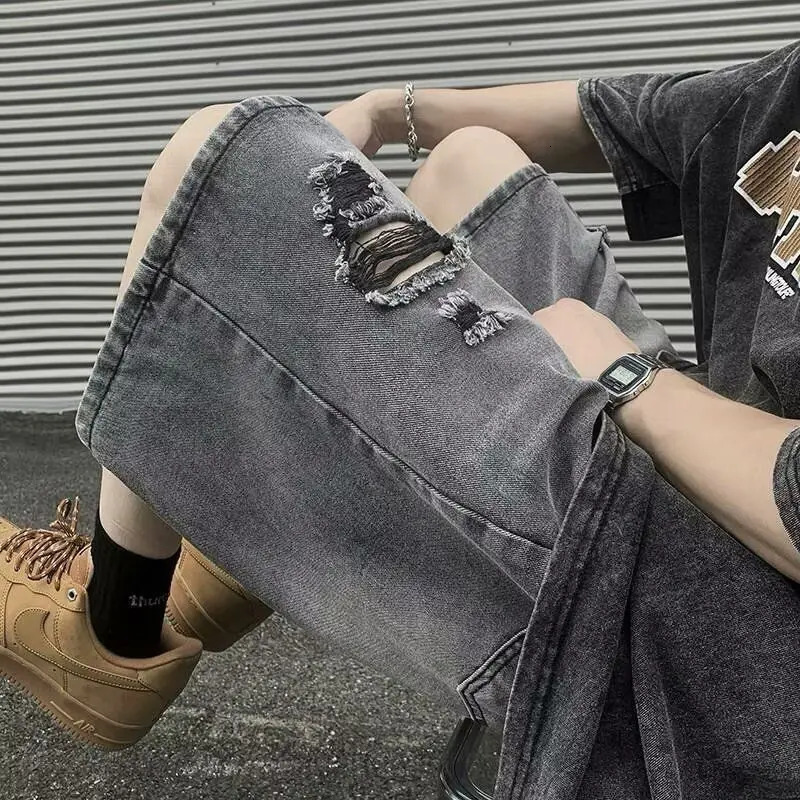mens fashion Korean solid denim knee length shorts casual summer tight street pants 250326