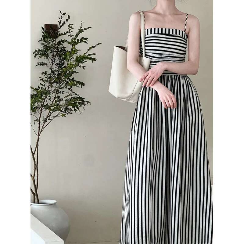 Dongdumaoyi Gestreepte Strapless Jurk In Franse Stijl Voor Dames Met High End Gevoel Off Shoulder Ruches Taille Lange Rok Zomer C