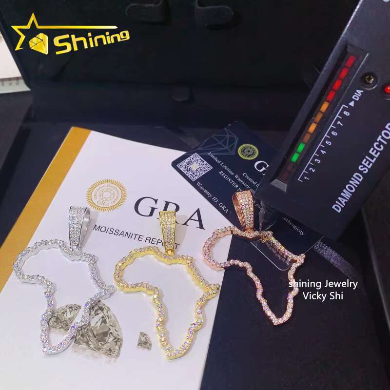 Hot Selling New Design Hip Hop Jewelry S925 Silver Gold Plated VVS Moissanite Diamond Map Pendant for Necklace