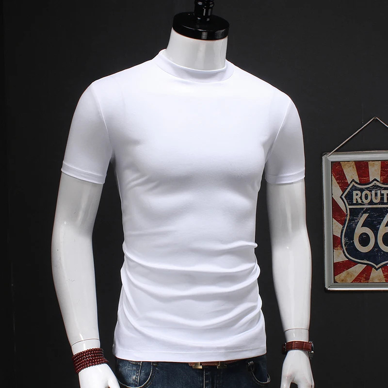 Summer mens turtle neck short sleeved Tshirt dual commodity cotton ultrathin fit fashionable pure black 250327