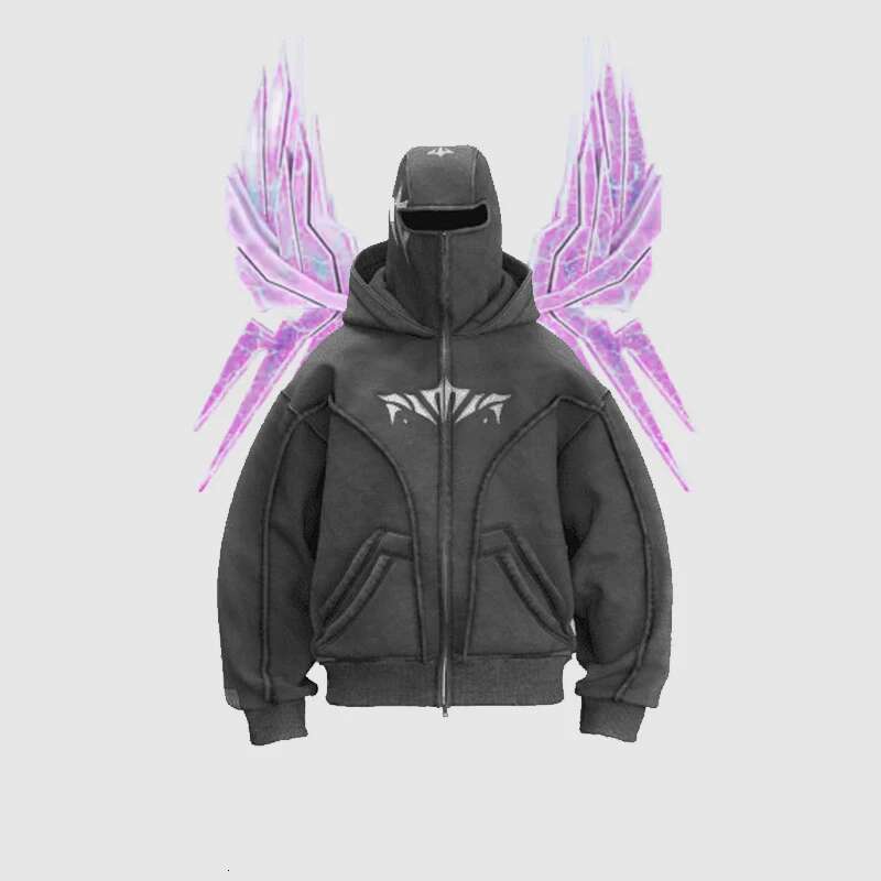 Phantom Hoodie Zip Up Double Hat Balaclava Embroidery Patch Streetwear Dark Gothic Heavyweight Unisex Oversize Sweatshirt