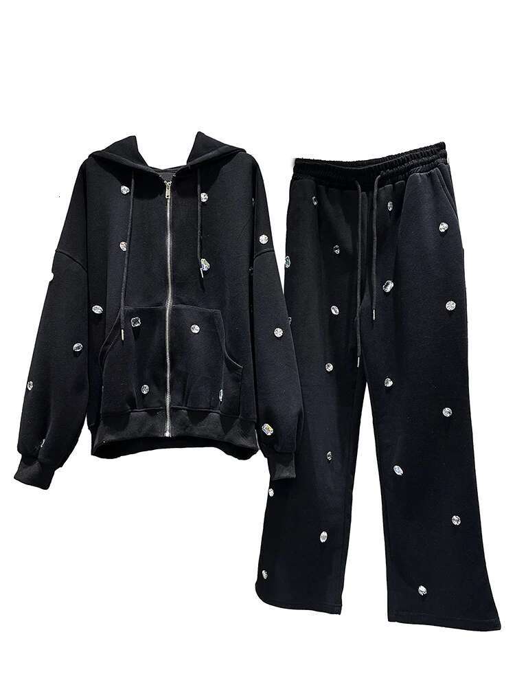Fashion Knitted Two Piece Set For Women 2023 Autumn New Zipper Dias Beading Hooded Top Wide Leg Pants Female