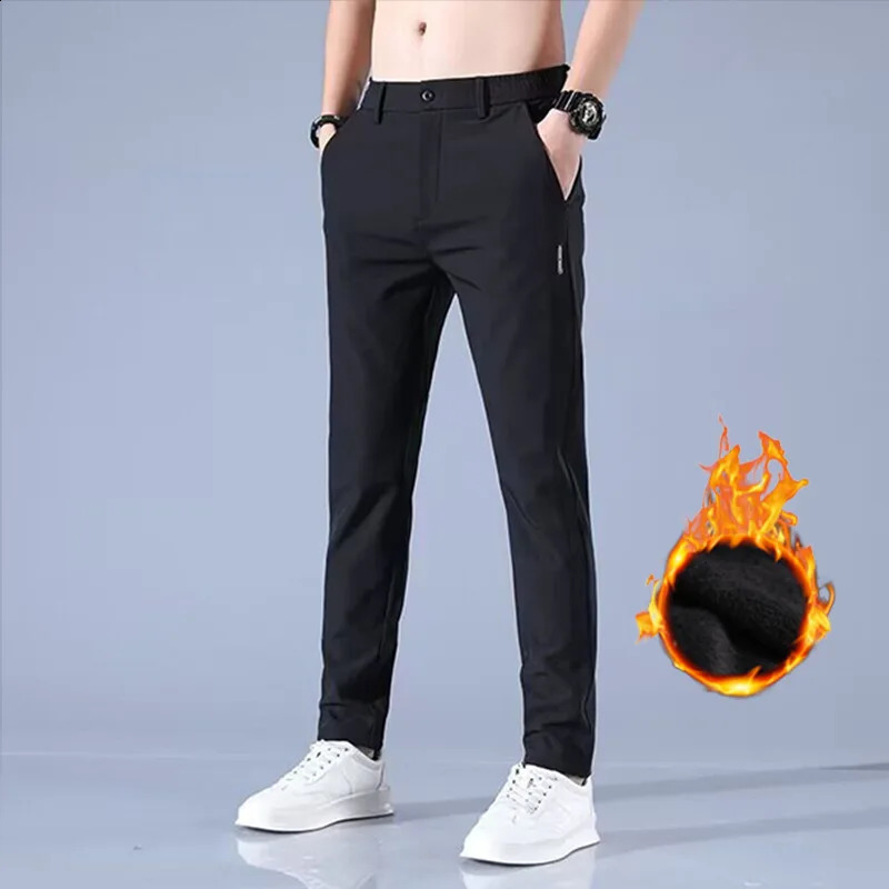 2024Winter velvet Casual Pants Men Thick Business Stretch Slim Elastic Waist Jogger Outdoors Korean Classic Fleece Trousers Male 250317
