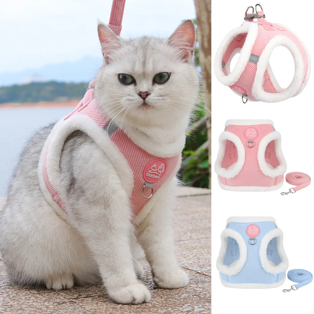Rabbit Fur Cat Dog Harness and Leash Set Winter Pet Outdoor Walking Supplies Reflective Adjustable Kitten Puppy gatos Harnesses 250326