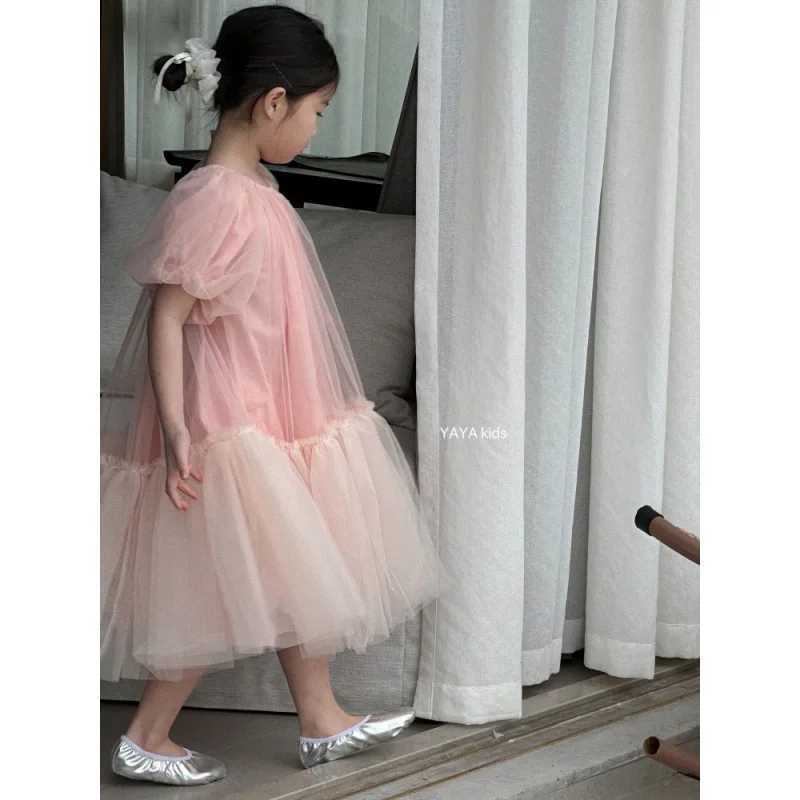 Childrens Dress 2025 Summer Short Sleeve Gauze Pink Kids Girls Princess Dress Bubble Sleeves Fluffy Girls Birthday Dress W250326