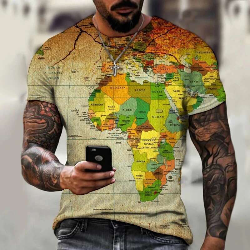 Men's short sleeved round neck T-shirt, comfortable in summer, printed with world map, fashionable on the street, Harajuku