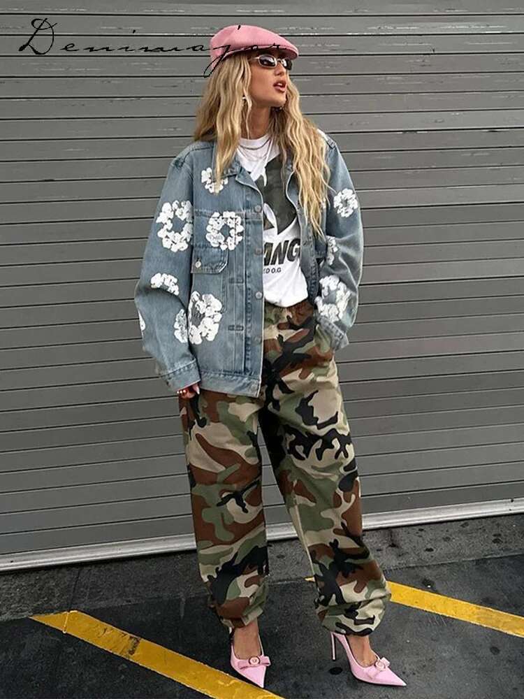 Y2k Wer Print Denim Pants Set Women Lapel Button Pocket Coat Zippers Slim Trousers Spring Fashion Lady 2 Pieces Outfits