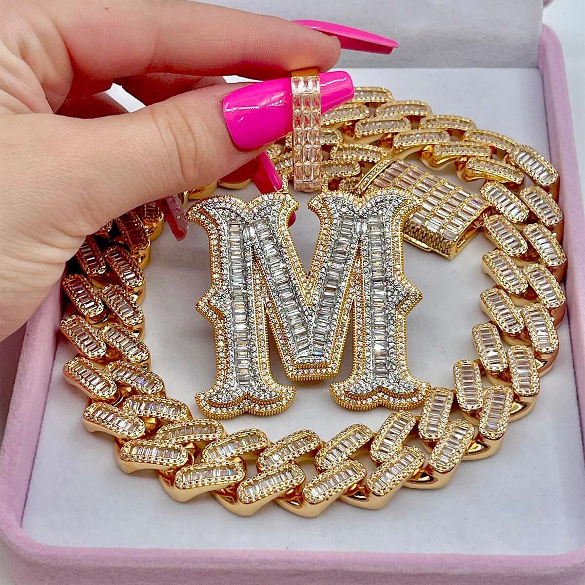 Drip Initial A-Z Baguette Name Letter Pendant For Women Necklace Bling Zircon Hip Hop Rock Street Jewelry