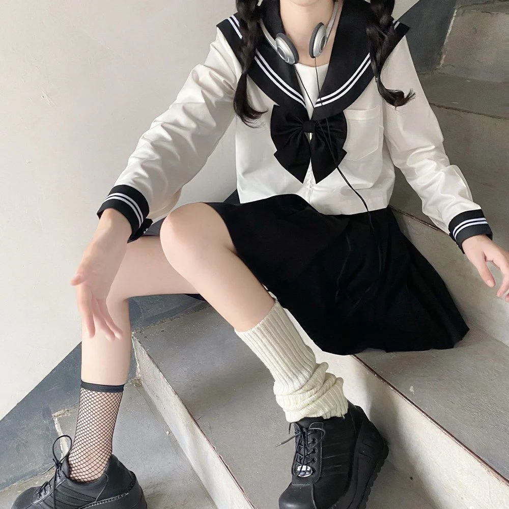 Japanese School Uniform Girls Plus Size Jk Set Black Tie White Three Piece Basic Sailor Womens Long Sleeve 250326