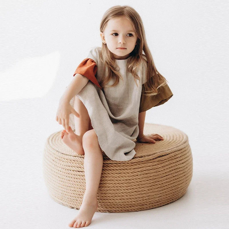 Girls Natural Linen Patchwork Dress Summer Baby Kids Flare Sleeve Casual Cotton And Linen Dresses Childrens Clothing TZ045 250326