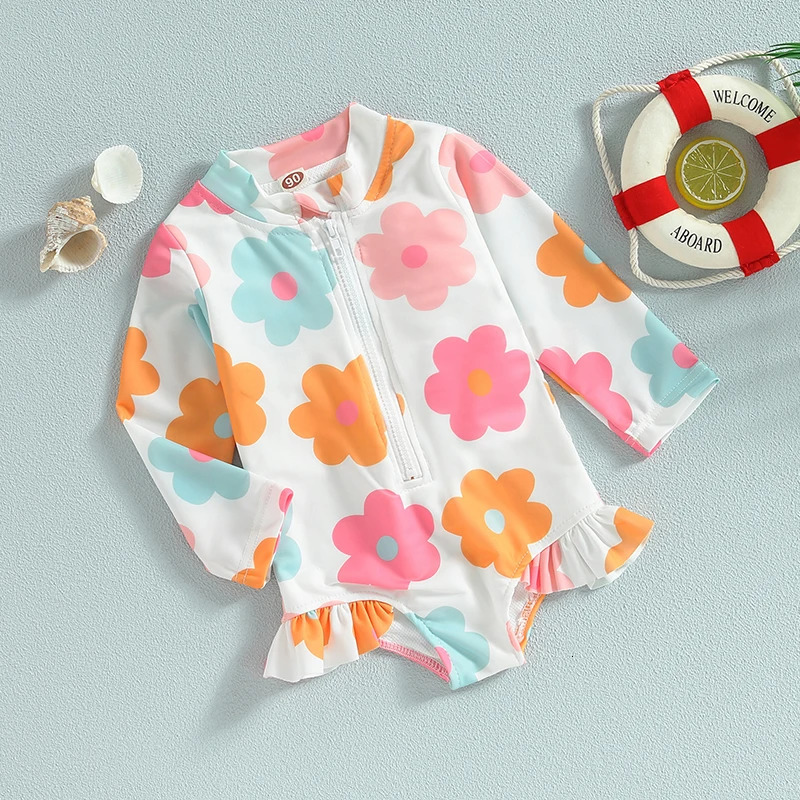 Kids Baby Girl Swimsuits Summer Floral Long Sleeve Zipper Ruffles Jumpsuit Swimwear Beachwear Bathing Suits 250326