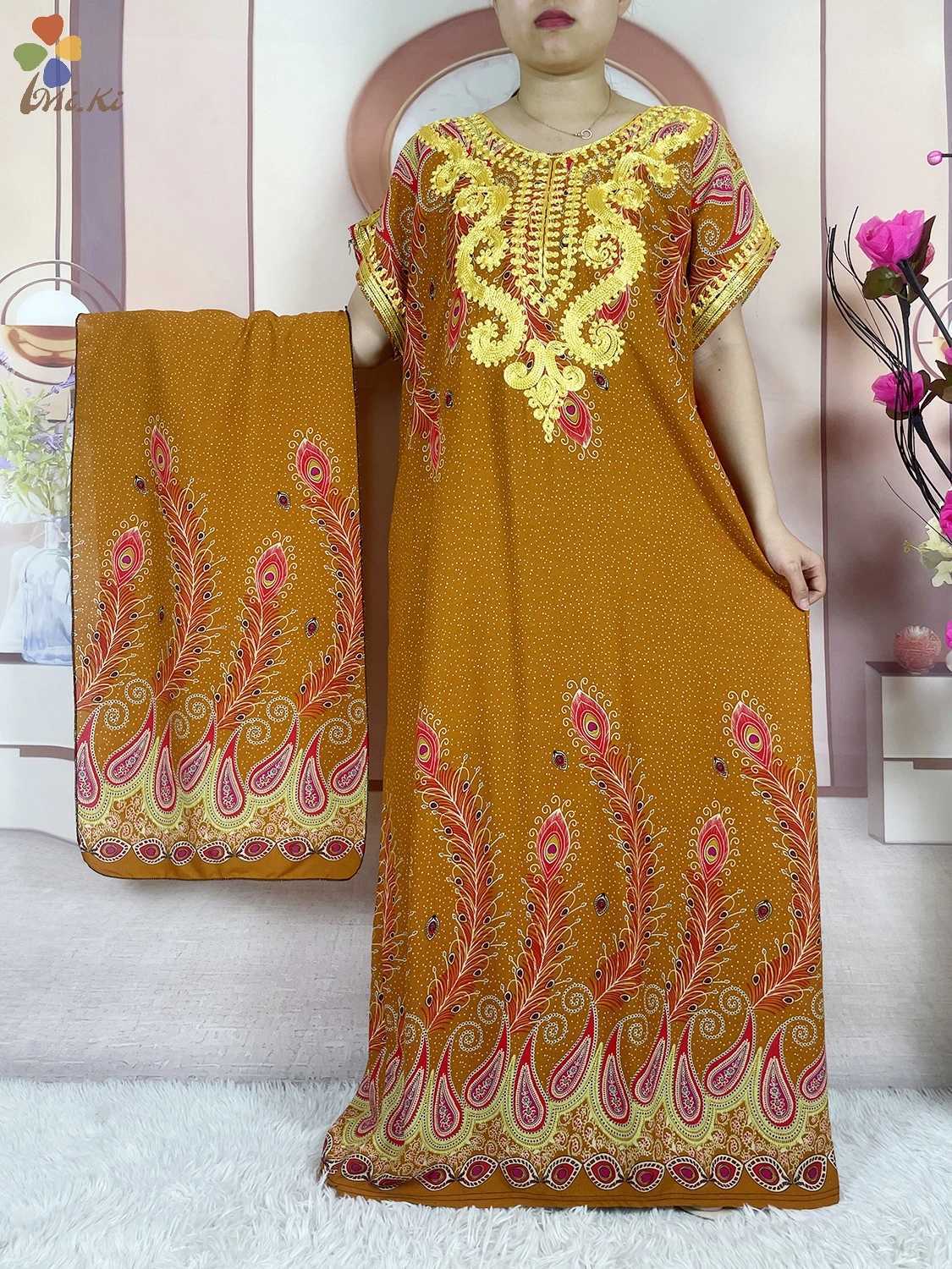 High quality African Abaya womens party dress cotton embroidery print loose floral bounce Maxi Islamic womens short Slve clothing X250327