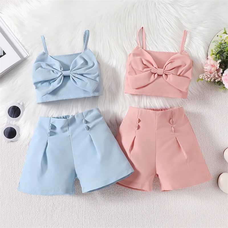 Pudcoco Childrens Baby Girls Summer Clothing Solid Color Sleeveless Front Bow Cami Top with Shorts 2-piece Set 18M-6TT250327
