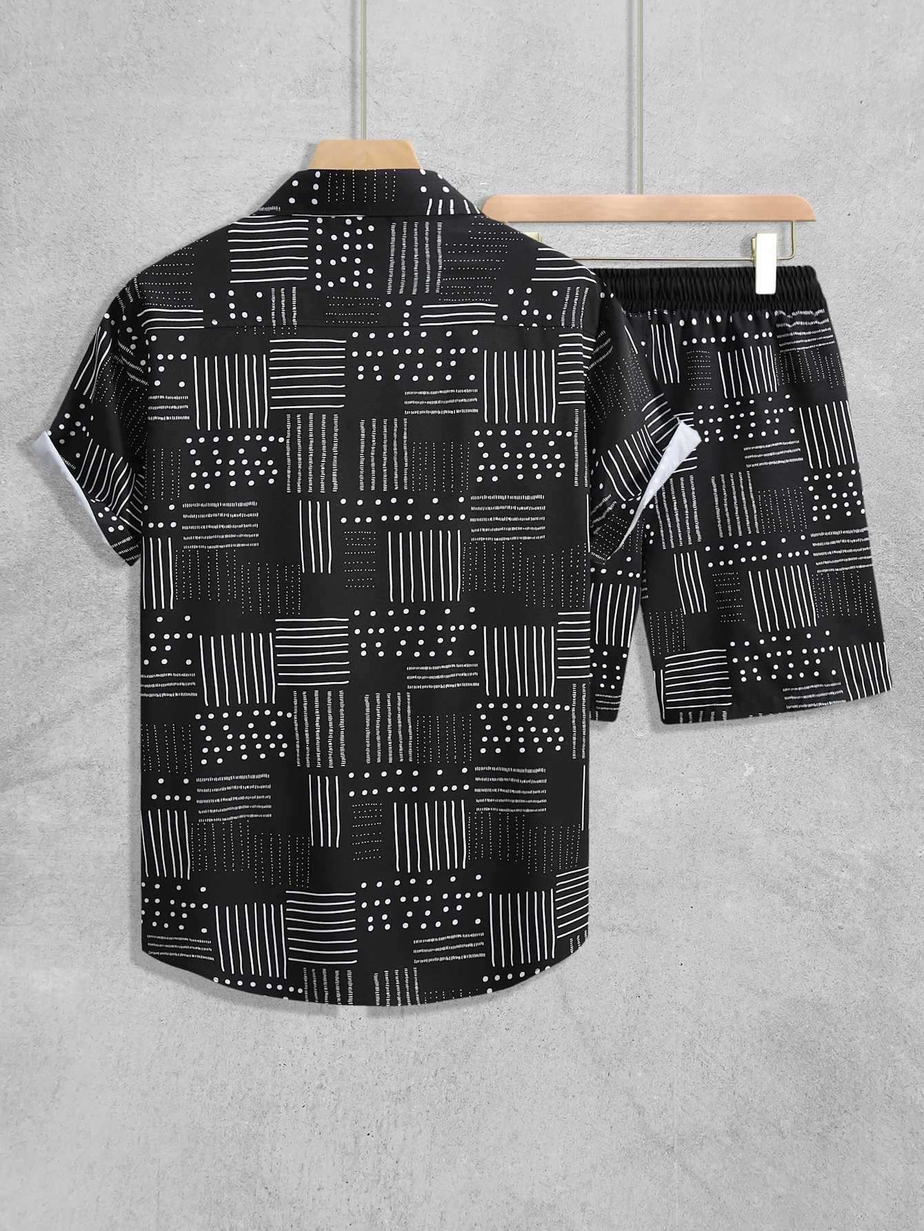 Mens floral short sleeved button striped shirt and short sleeved set casual beach short sleeved set summer setXJ250326