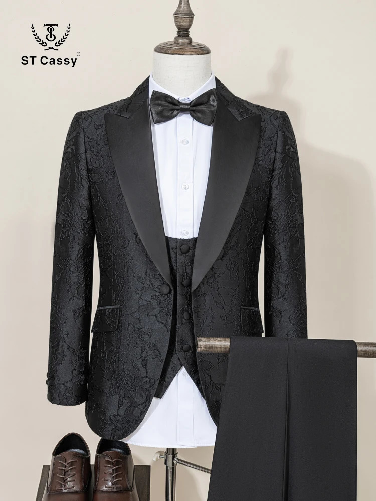 St Cassy highquality retro car party dress ultrathin slim evening ball set fashionable black mens groom wedding three piece 250326