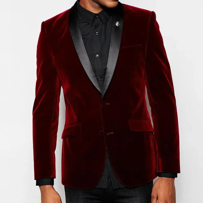 1piece y Burgundy velvet mens single chest black shawl lapel slim fit jacket formal wedding beauty set 250326