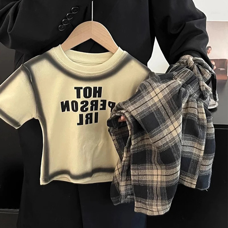 Summer Childrens Clothing Girl Set Fashionable Letter Stroke Edge Short Sleeved T-ShirtStreet Style Irregular Plaid Half Skirt 250326