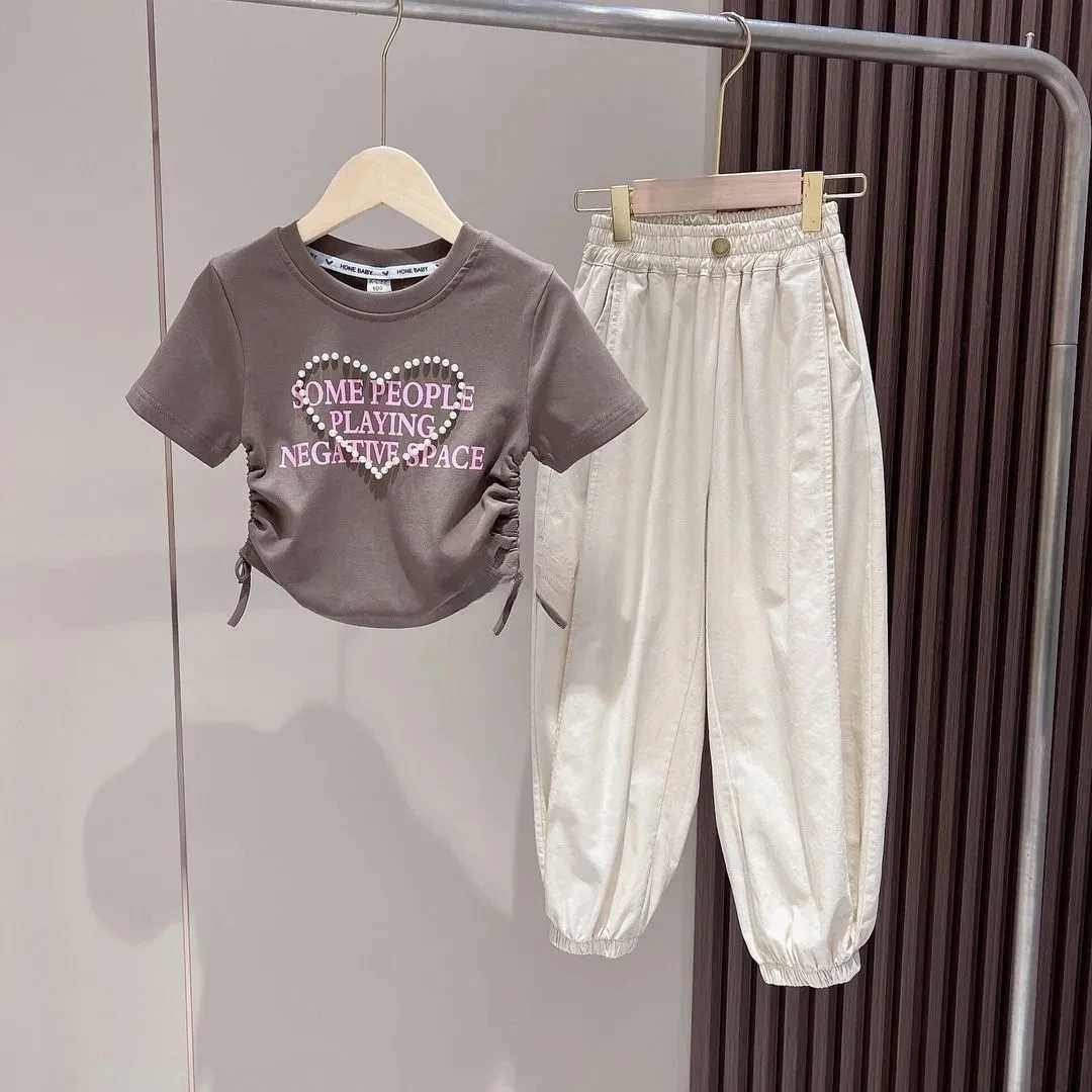 Teenage Girl Clothing Set 2023 Summer New Girl Baby Short sleeved T-shirt Pants Two piece SetT250327