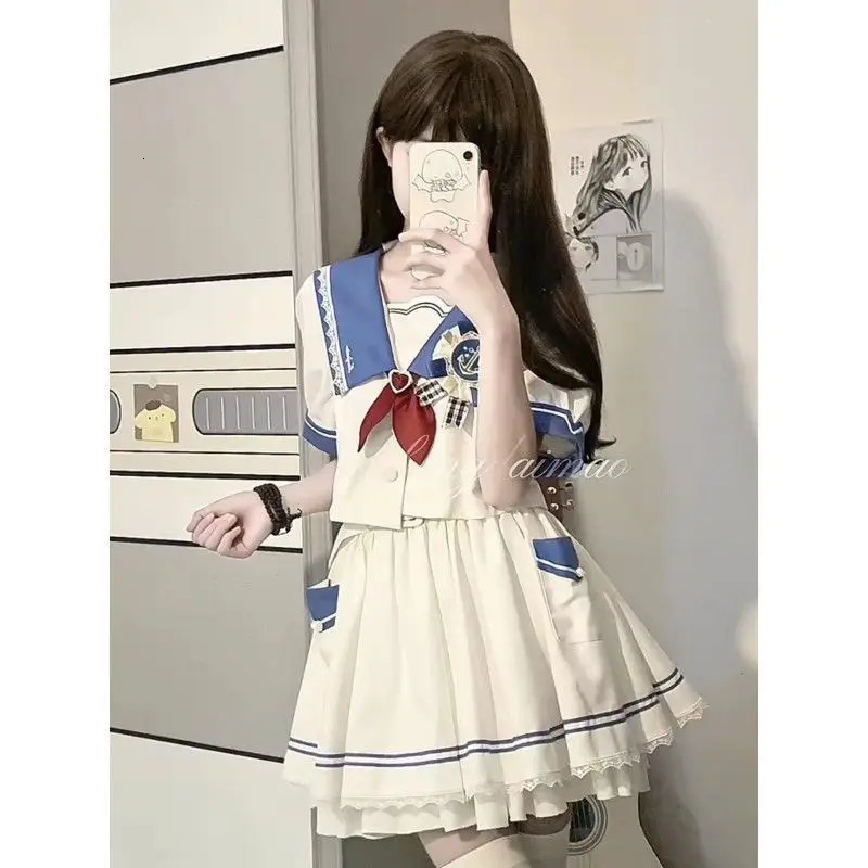 JK Uniform Plus Size S8xl Girl Sailor Shirt Patch Work Ruffle Leather Two Piece Set Womens Wholesale 250326