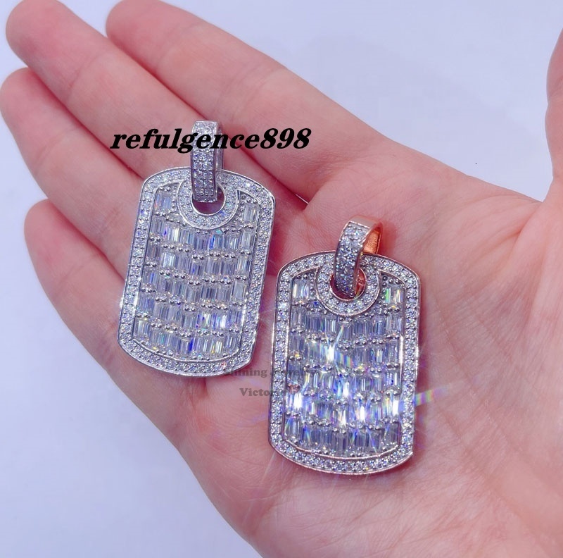 14k Rose Gold Plated Sterling Silver Hip Hop Men Emerald Cut Vvs Moissanite Diamond Dog Tag Pendant
